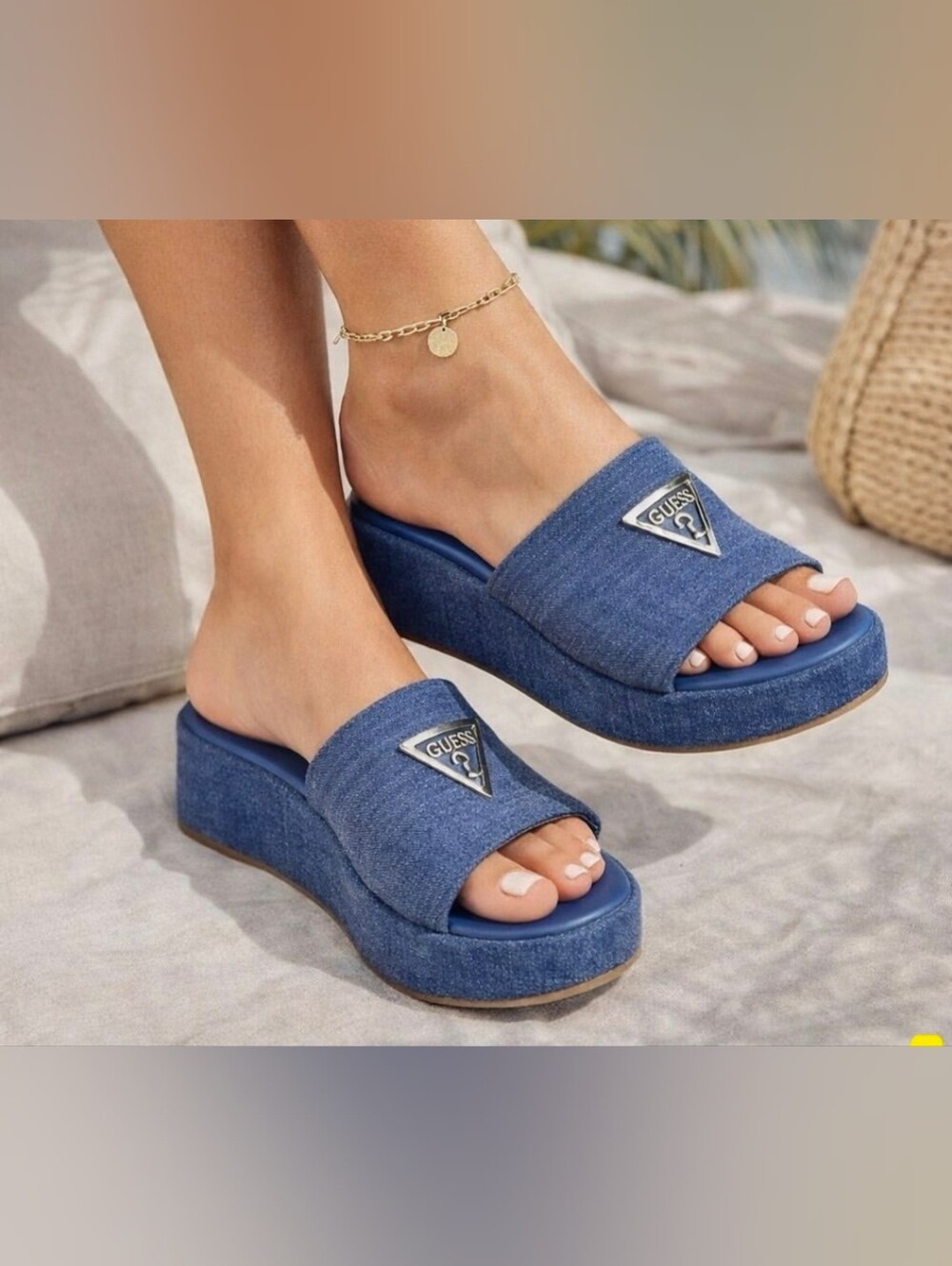 Guess Padly Denim Platform Sandals - Size 8